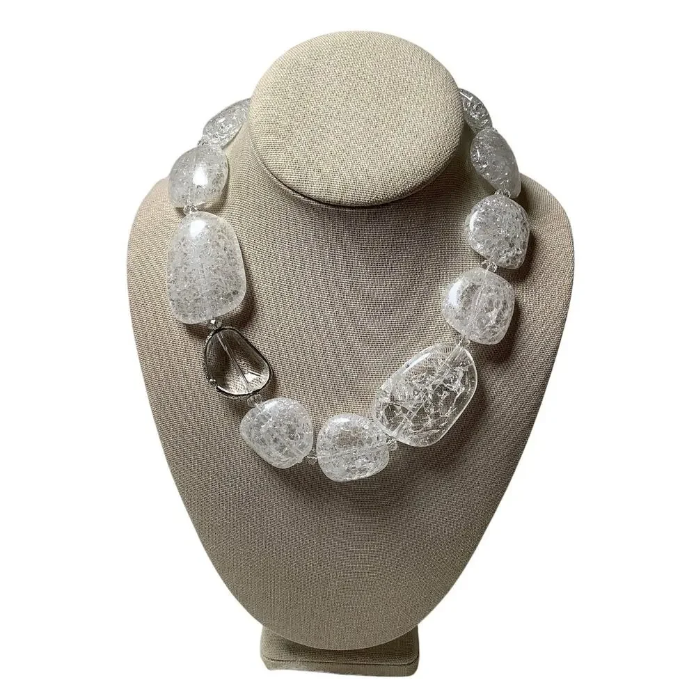 RJ Graziano Chunky Clear White Crackle Lucite Bead Statement Necklace F18-63